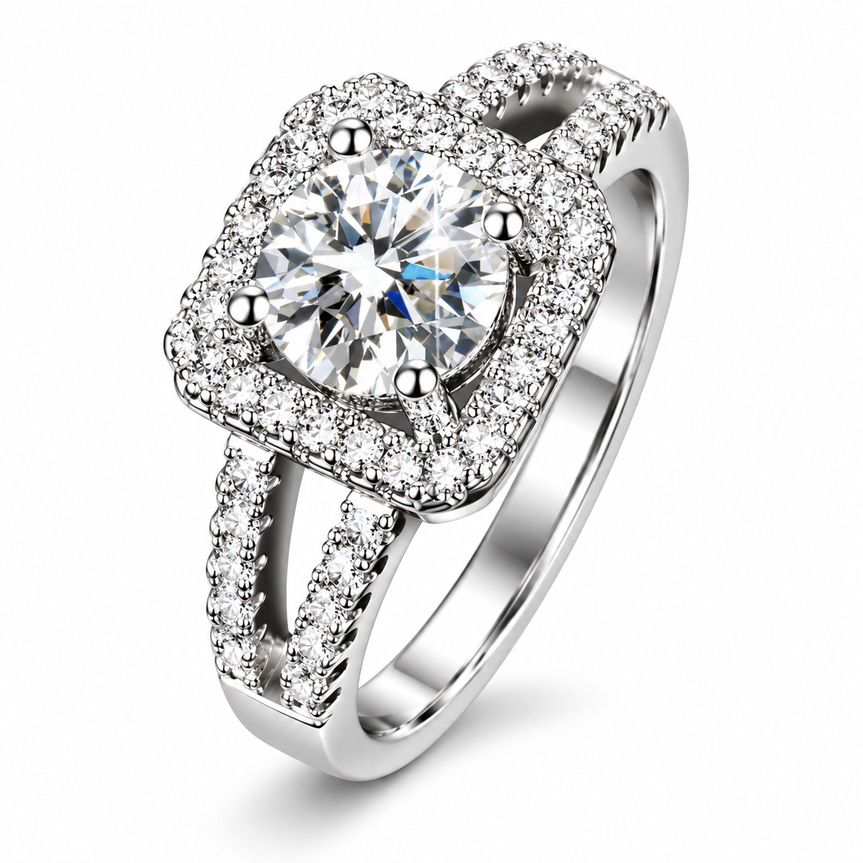 Cushion Halo Ring with Sparkling Round-Cut Center Stone & Split Shank | Shandar Jewllers