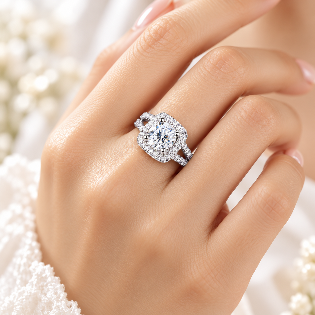 Cushion Halo Ring with Sparkling Round-Cut Center Stone & Split Shank | Shandar Jewllers