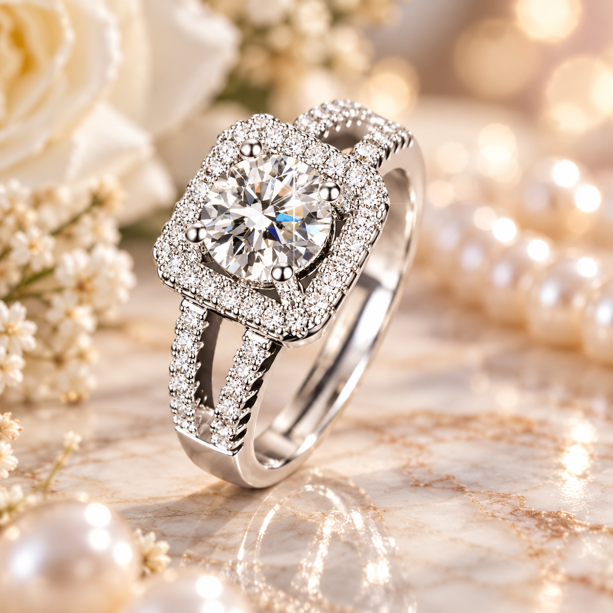 Cushion Halo Ring with Sparkling Round-Cut Center Stone & Split Shank | Shandar Jewllers
