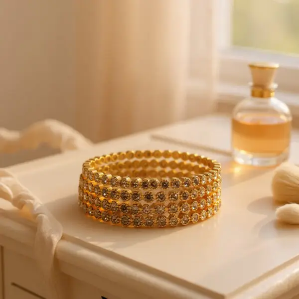 Golden bangles stacked elegantly on a silk-draped vanity table in a sunlit boudoir, the morning light casting a warm glow on the jewelry, diffused by sheer curtains, wit Golden bangles stacked elegantly on a silk-draped vanity table in a sunlit boudoir, the morning light casting a warm glow on the jewelry, diffused by sheer curtains, wit