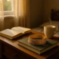 Warm sunset light filtering through sheer curtains in a bohemian-chic bedroom, casting a golden glow on a wooden bedside table; scattered among open books on spiritualit